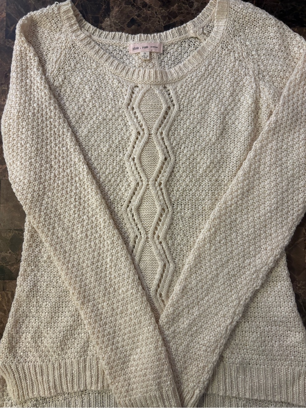 Pink Rose Textured Cable Crewneck Sweater - Cream